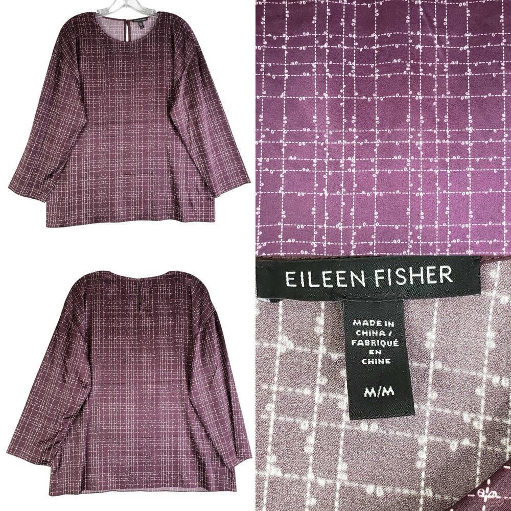 Eileen Fisher Shirt Blouse Womenās Size Medium M Purple Burgundy Plaid Silk LS